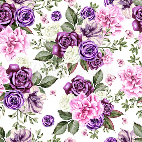 500x500 Bright Watercolor Flowers Seamless Pattern With Roses, Peony