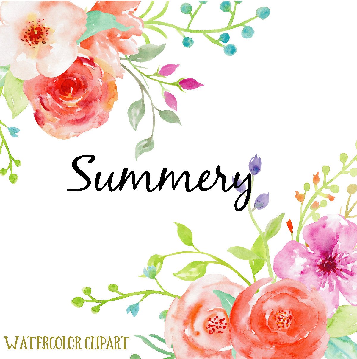 1200x1204 Watercolor Clipart Summery, Bright Summer Flowers, Orange And Red