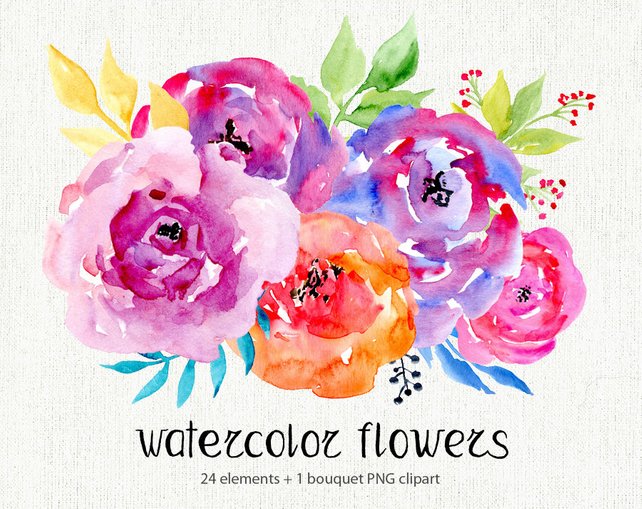 642x509 Watercolor Floral Clipart 24 Bright Branches Flowers Etsy