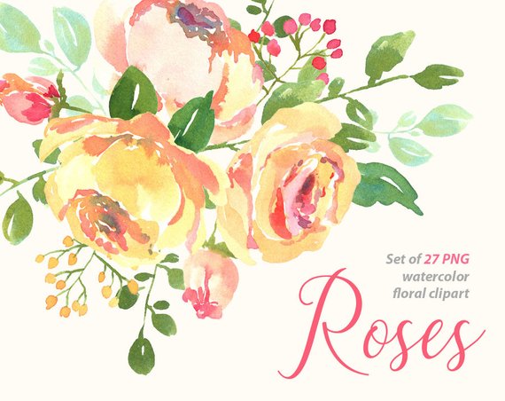 570x452 Watercolor Flowers Leaves Branches Digital Clip Art Bright Etsy