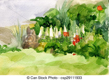 450x332 Watercolor Flowers. Watercolor Image Of A Bright Flower Bed .