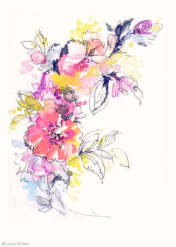 570x800 Bright Watercolor Flower Painting, Abstract Floral Pink Red Yellow
