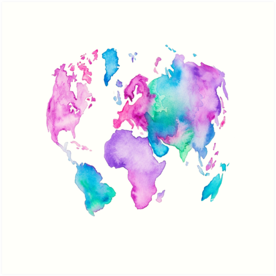 550x550 Modern World Map Globe Bright Watercolor Paint Art Prints By