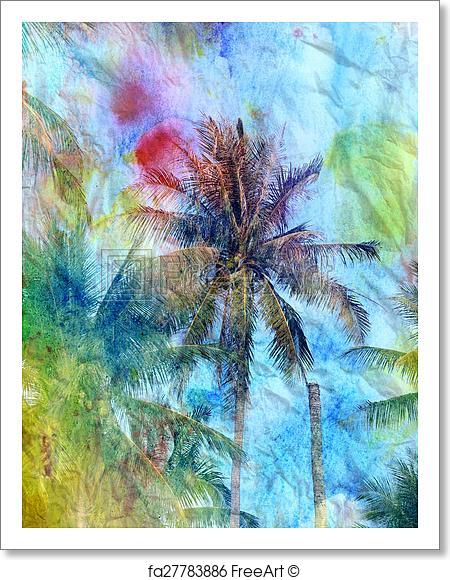 450x580 Free Art Print Of Abstract Tropical Landscape . Bright Watercolor