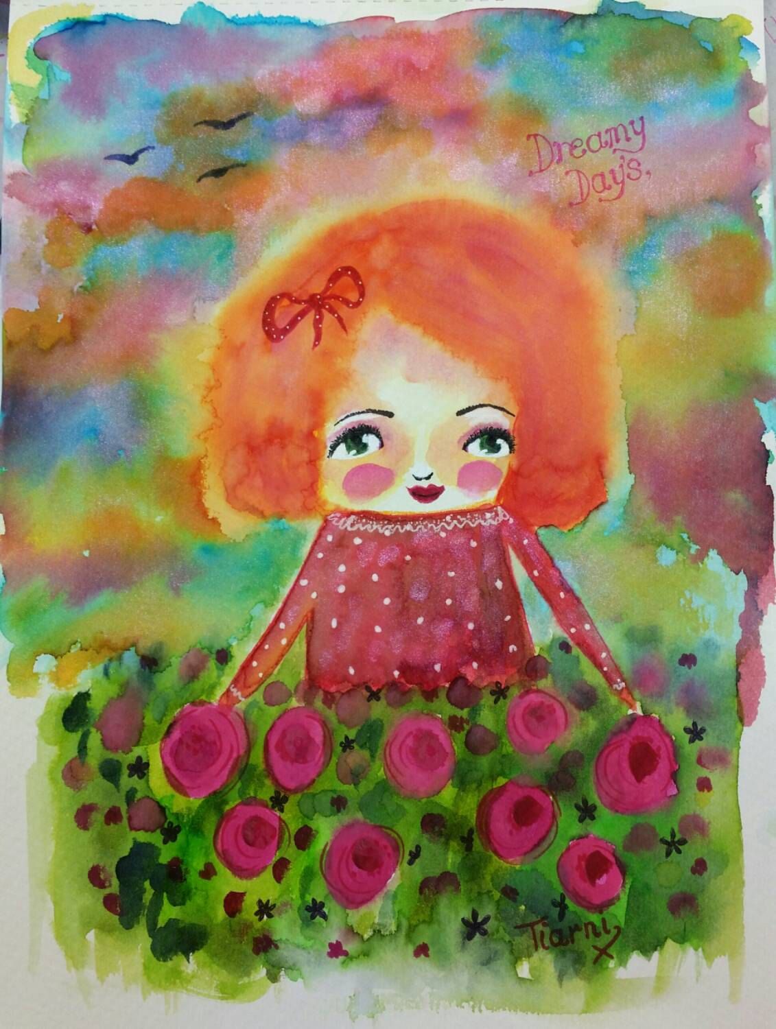 1131x1500 Original Bright Watercolor Painting. Whimsical Girl Painting