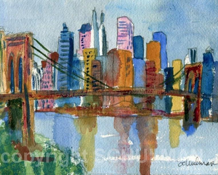 762x610 Nyc Skyline Brooklyn Bridge Watercolor Landscape Watercolor