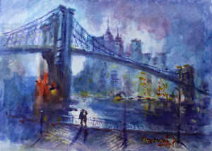 300x214 Original Landscape Art, Watercolor,romance By Brooklyn Bridge Nyc