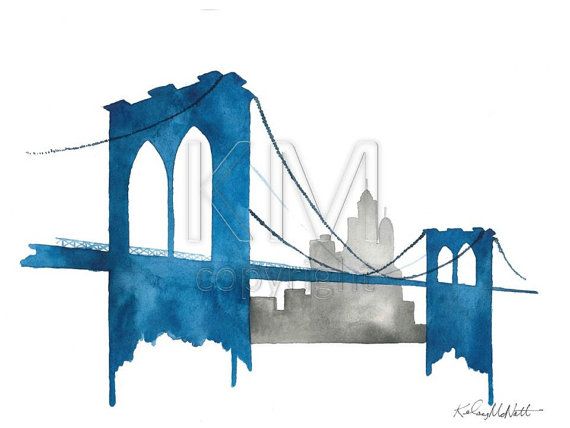 570x428 Original Watercolor Painting, Brooklyn Bridge In New York City For