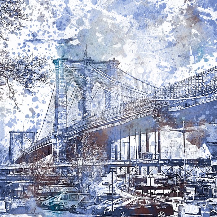700x700 Brooklyn Bridge New York Usa Watercolor Blue Illustration Duvet