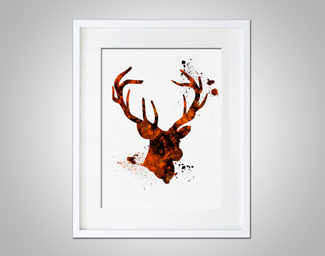 1140x900 Watercolor Art Print Deer Buck Woodland Animal Orange Black Modern