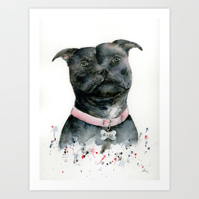 700x700 Watercolor Black Staffordshire Bull Terrier Dog Art Print By