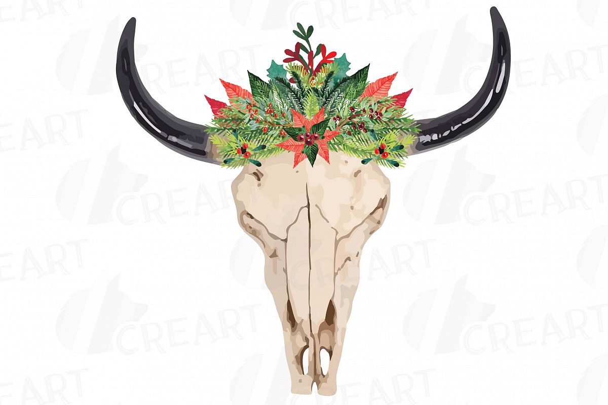 1200x800 Bull Skull With Watercolor Berries And Pine Tree Clip Art