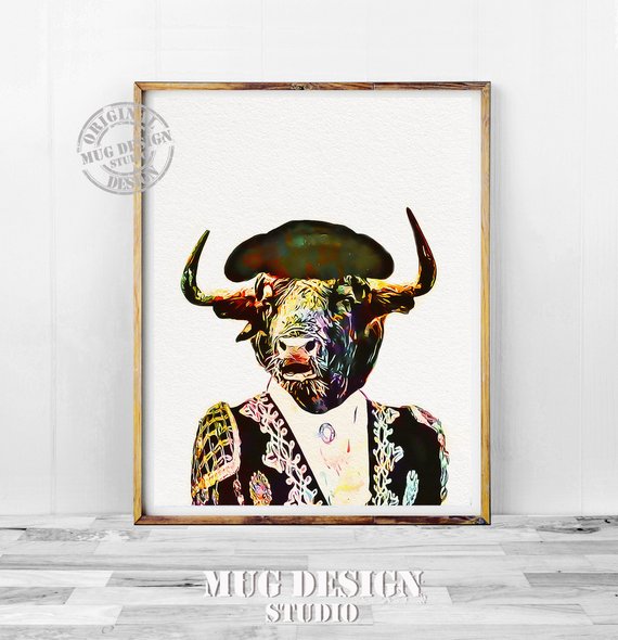 570x590 Bull Torreador Print Bull Watercolor Painting Bull Etsy