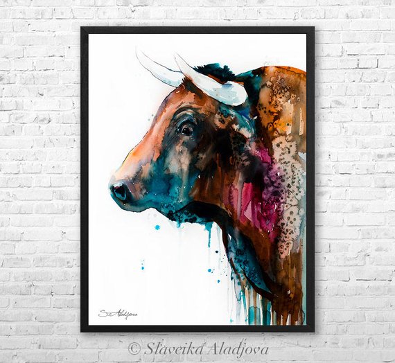 570x524 Bull Watercolor Framed Canvas By Slaveika Aladjova Limited