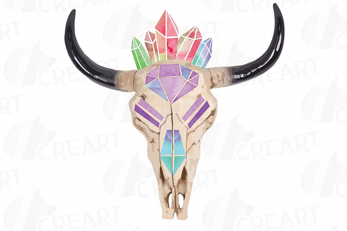 1200x800 Watercolor Crystal Bull Skull Clipart, Indian Tribal Skull