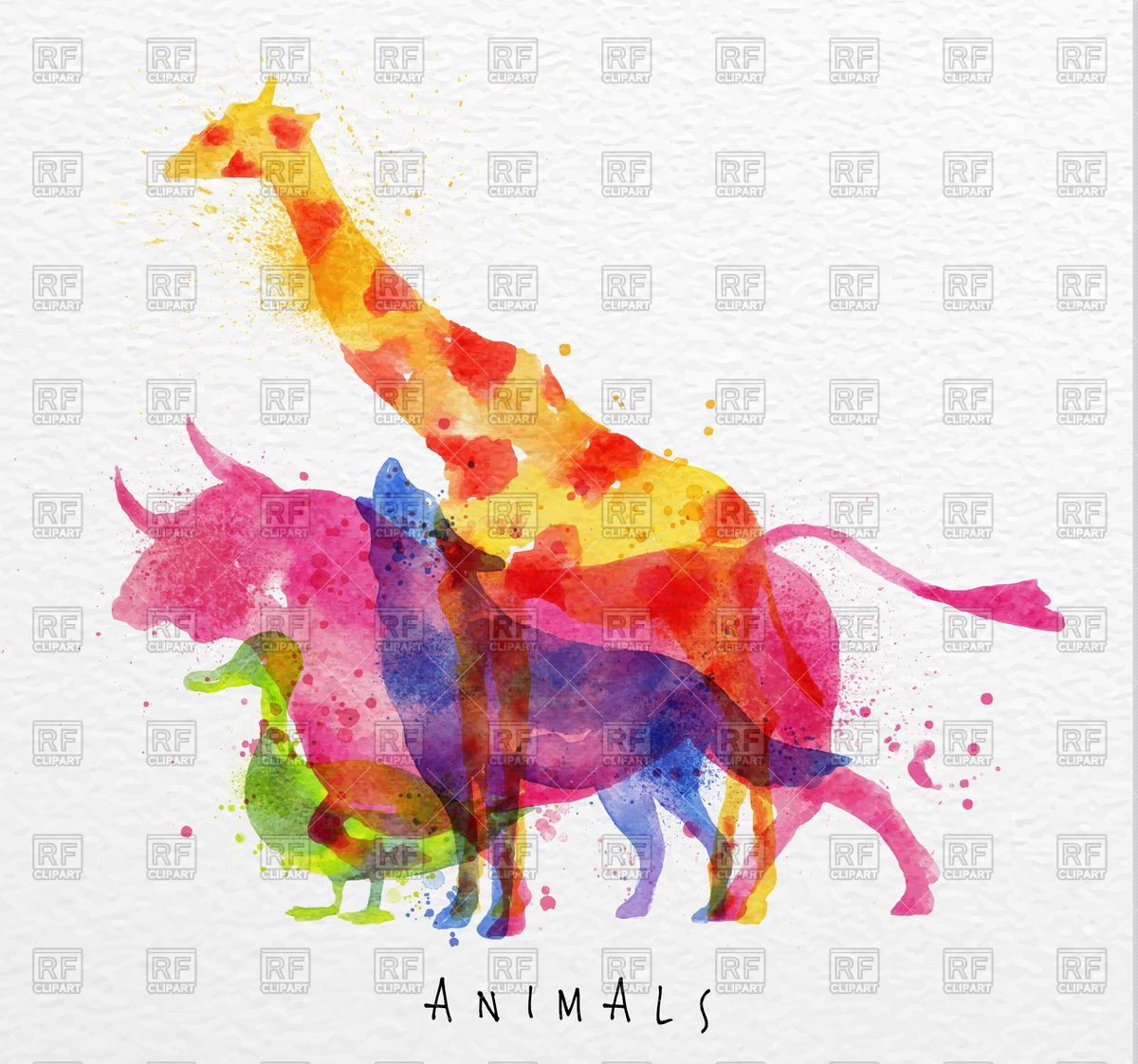 1200x1122 Watercolor Colourful Animals Giraffe, Wolf, Duck, Bull Vector