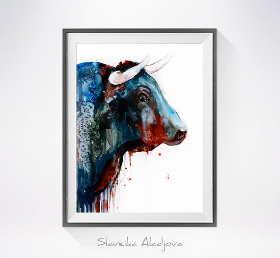 570x525 Bull 2 Watercolor Painting Print