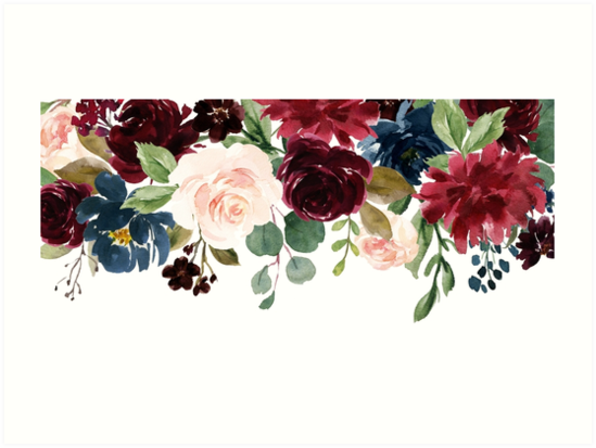 549x413 Burgundy Blue Watercolor Flowers Border Art Prints By Junkydotcom