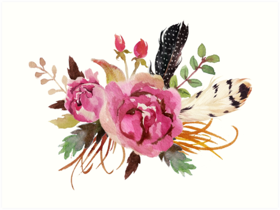 549x413 Burgundy Watercolor Flowers And Feathers Art Prints By