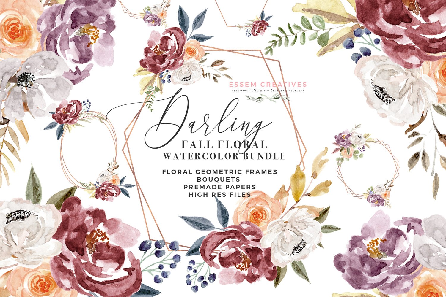 1500x1001 Fall Floral Watercolor Clipart, Burgundy Rose Gold Geometric