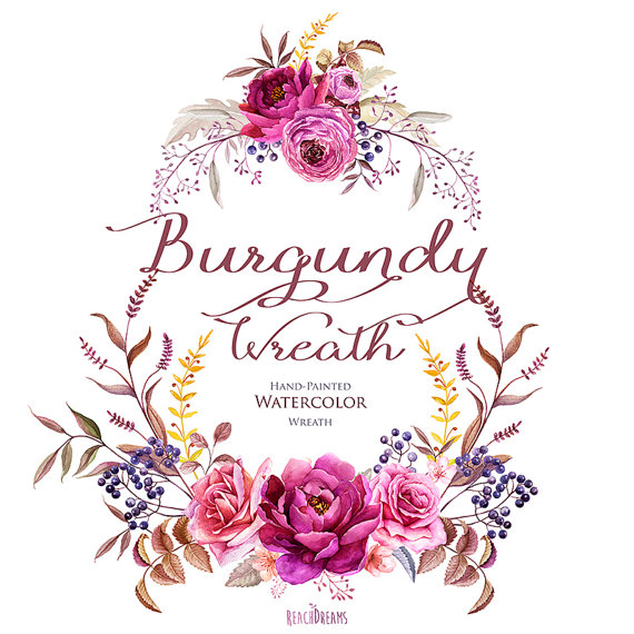 570x570 Watercolor Burgundy Wreath Flowers Hand Painted. Wedding Bouquet