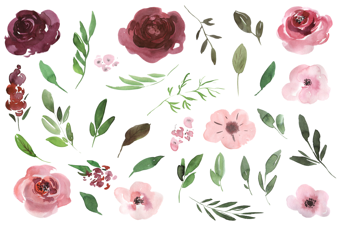 1160x772 Watercolor Pink Amp Burgundy Flowers Clipart By Watercolorflowers