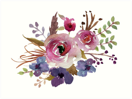 549x413 Burgundy Blue Watercolor Flower Bouquet Art Prints By Junkydotcom