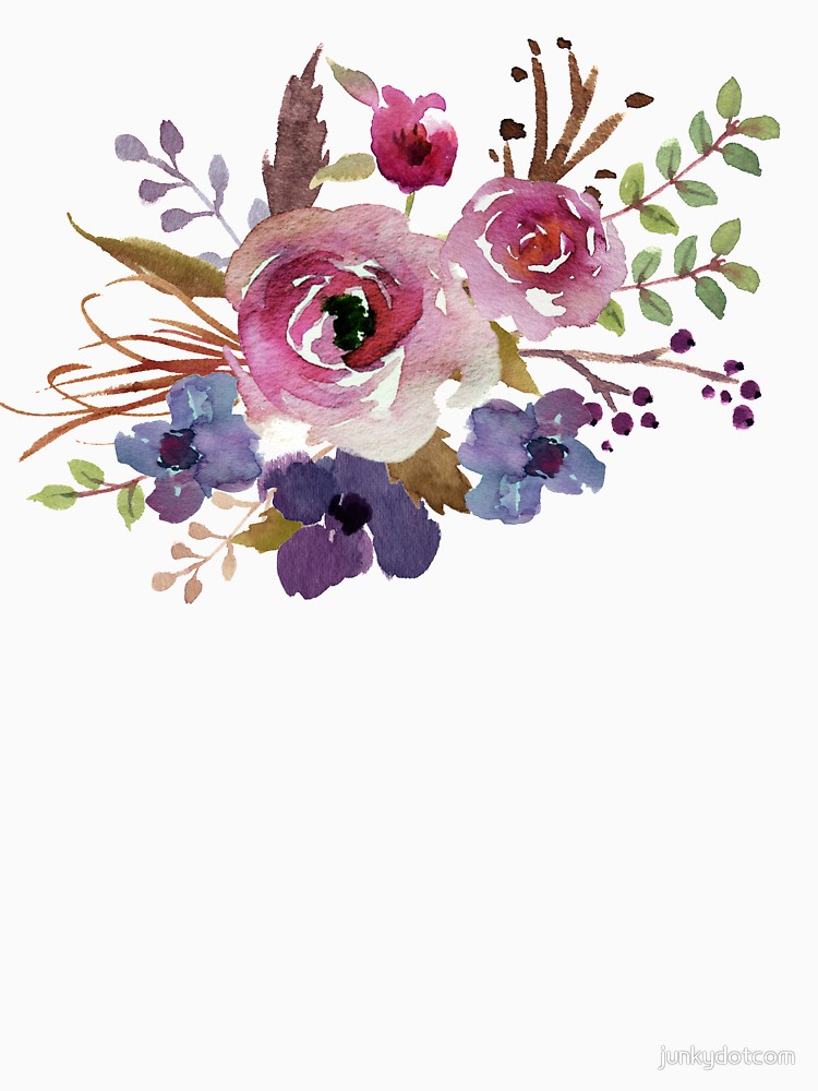 750x1000 Burgundy Blue Watercolor Flower Bouquet Unisex T Shirt By