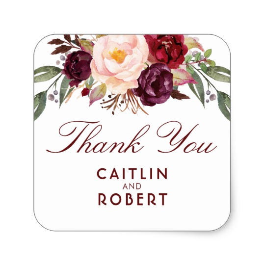 540x540 Burgundy Watercolor Flowers Elegant Thank You Square Sticker