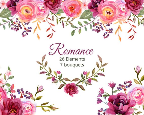 570x456 Burgundy And Pink Watercolor Flowers Wedding Floral Etsy