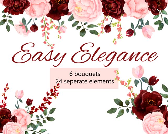 642x514 Pink And Burgundy Floral Watercolor Collection Pink Blush And Etsy