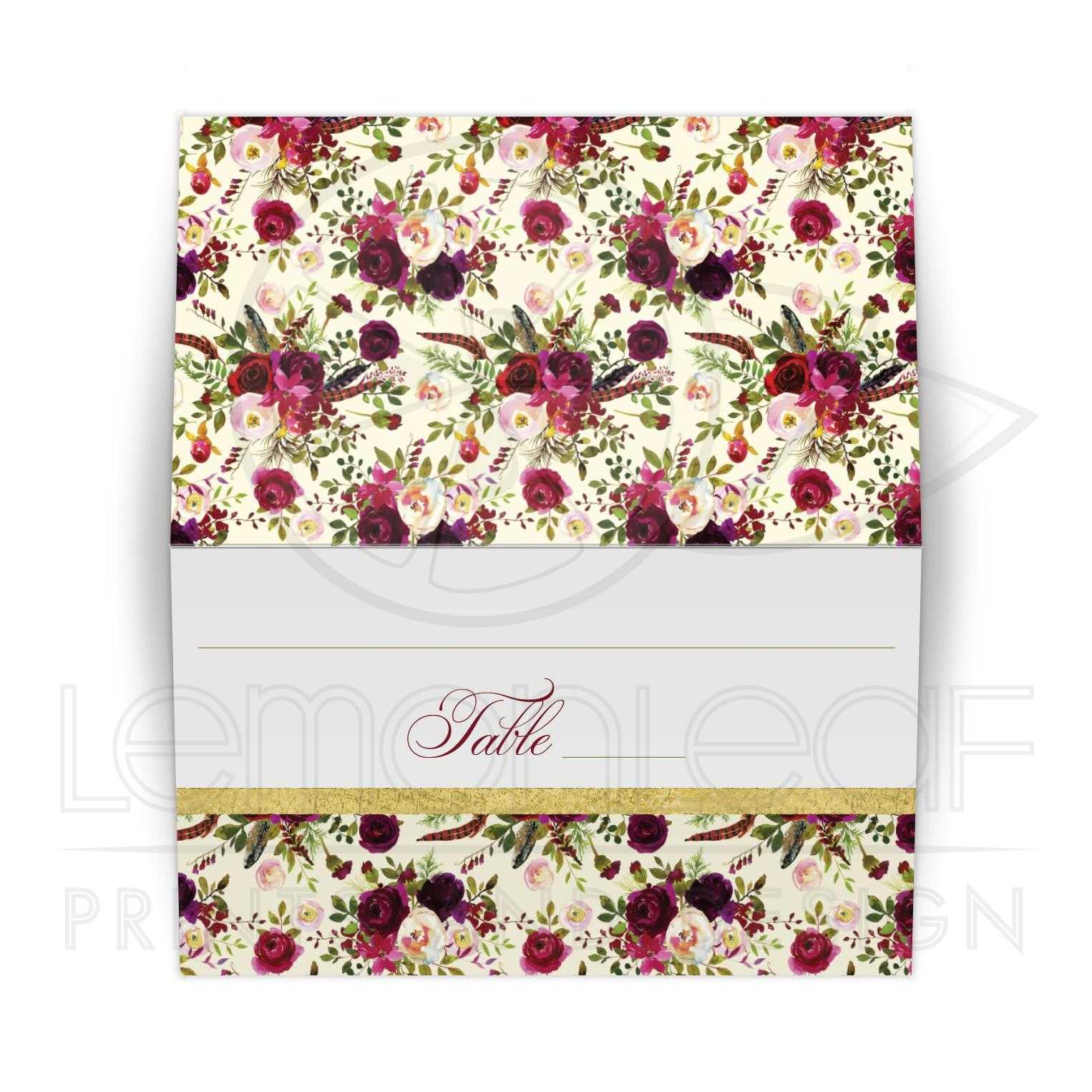 1526x1526 Beautiful Burgundy Watercolor Flowers, Feathers Folded Place Card