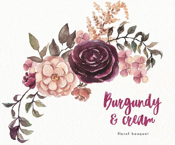570x475 Watercolor Flower Bouquet Burgundy. Hand Painted Wedding Etsy