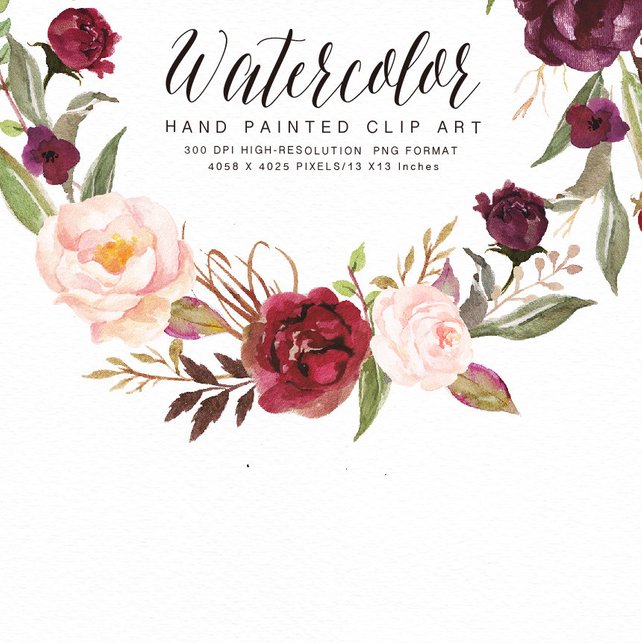 642x643 Watercolor Flower Wreath Clipart Burgundyhand Paintedwedding Etsy