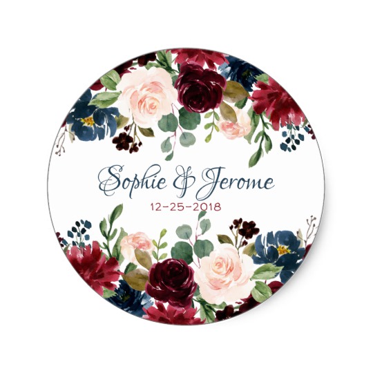 540x540 Burgundy Blue Watercolor Flowers Border Classic Round Sticker