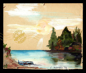 300x255 Lake Cabin Boat Trees Sunset Inlet Original Watercolor Painting