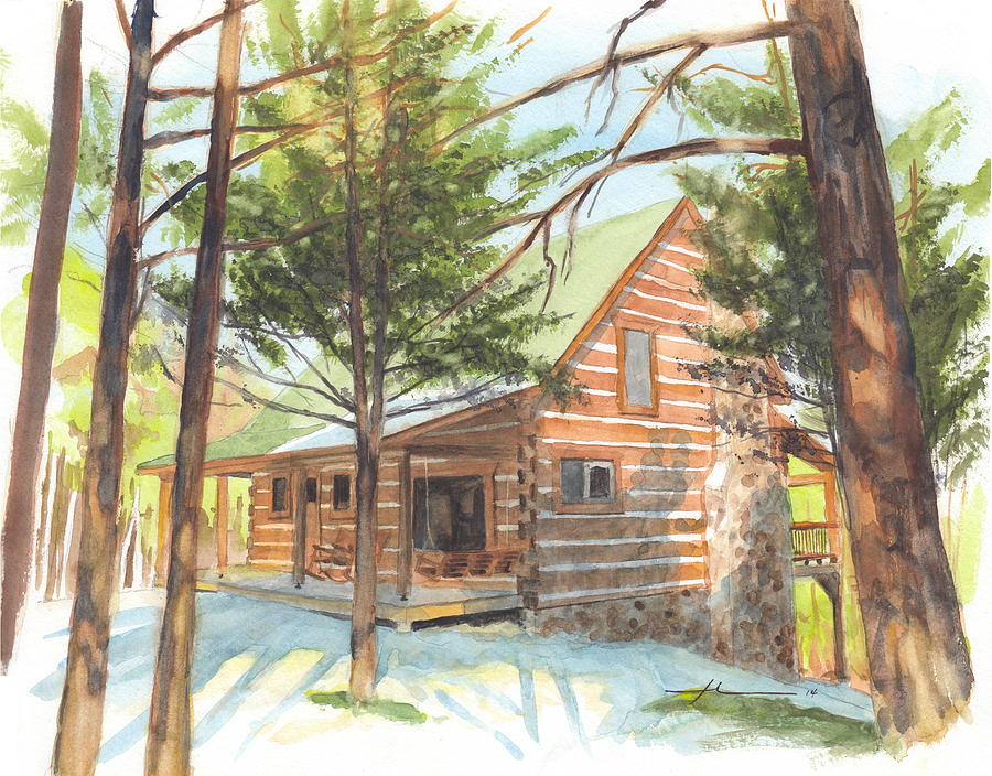 900x704 Log Cabin In The Woods Watercolor Portrait Drawing By Mike Theuer