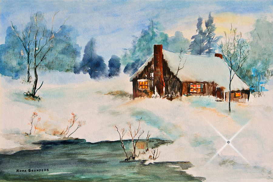 900x600 Watercolor. Cabin. Winter. Pond. Forest. Warm Glow. Peaceful Scene