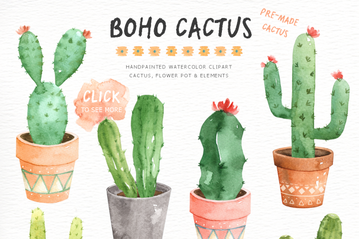 720x479 Boho Cactus Watercolor Cliparts By Everysunsun