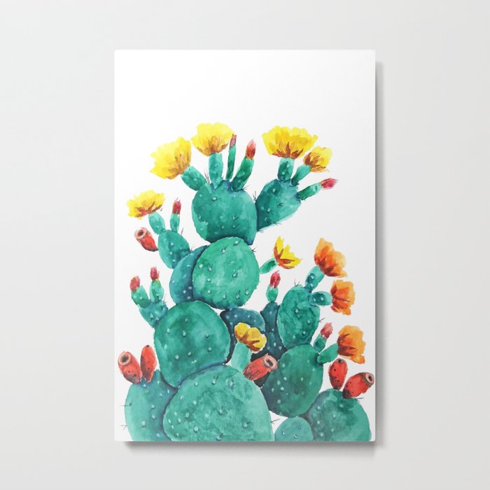 700x700 Flowering Cactus Watercolor Painting Metal Print By Colorandcolor