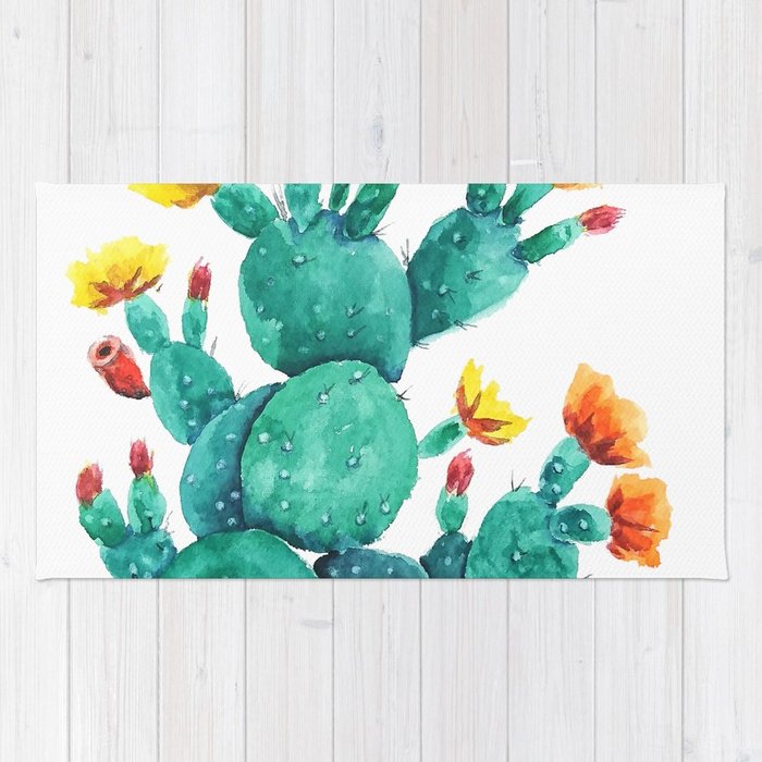 700x700 Flowering Cactus Watercolor Painting Rug By Colorandcolor Society6