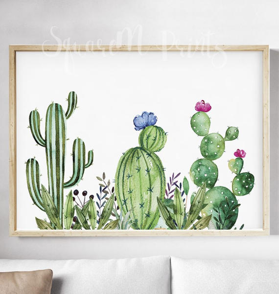570x599 Cactus Watercolor Print, Succulent Wall Art, Nopales Art
