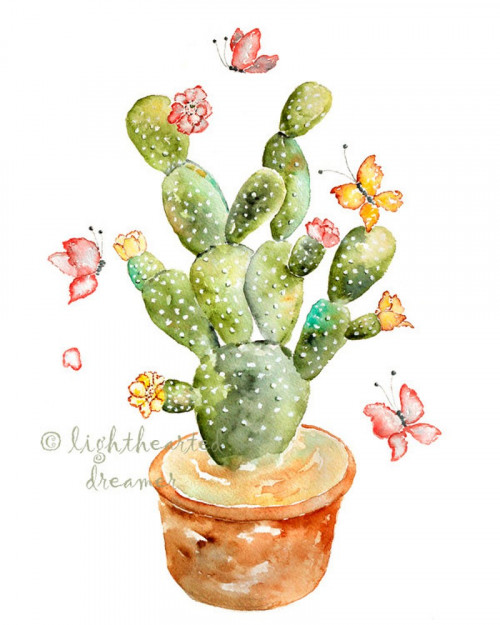 500x625 Cactus Watercolor Print, Southwestern Decor, Whimsical Desert Art