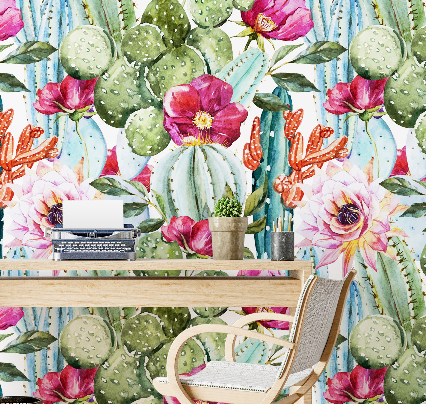1422x1351 Watercolor Cactus Removable Wallpaper