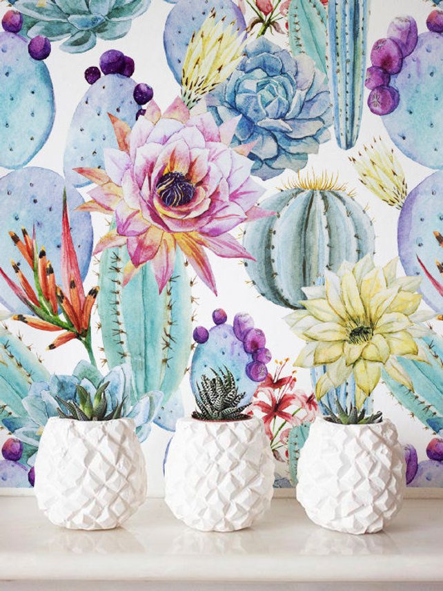 642x856 Watercolor Cactus Wallpaper Removable Wallpaper Etsy