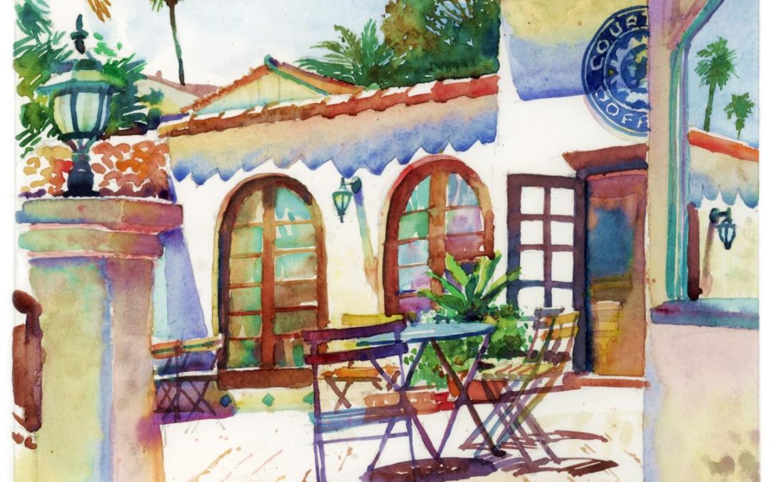 1080x675 Courtyard Cafe Watercolor Landscape Painting Frank Costantino