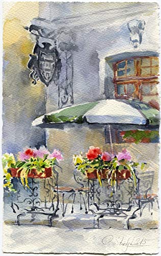 316x500 Street Cafe Watercolor Painting Print Handmade