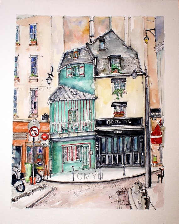 570x713 Odette Restaurant Paris France. French Cafe Watercolor. Etsy