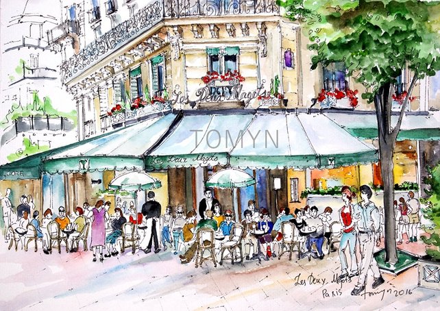 642x454 Paris Cafe Watercolor Les Deux Magots Watercolor Painting Etsy