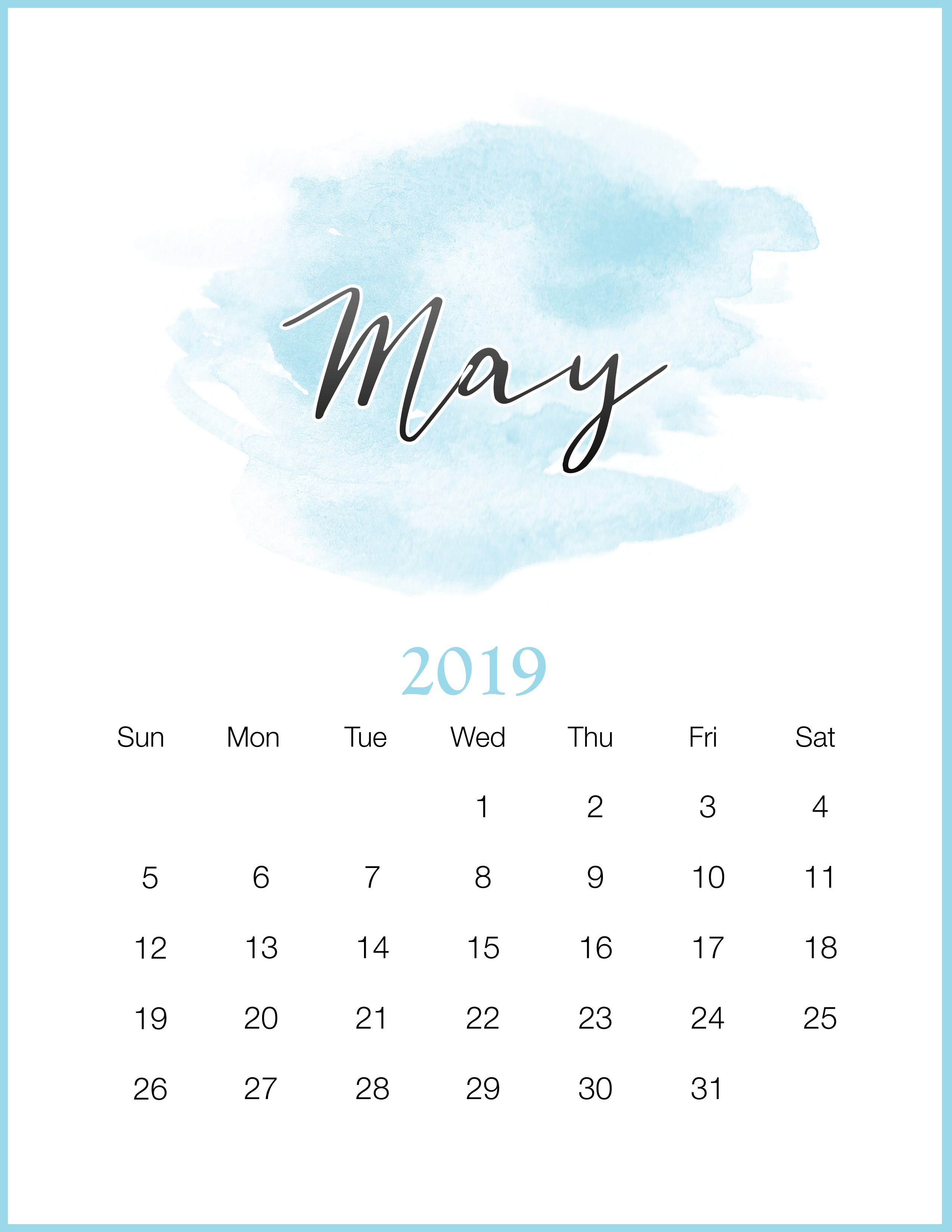 2550x3300 Watercolor 2019 Monthly Printable Calendar Calendar 2019